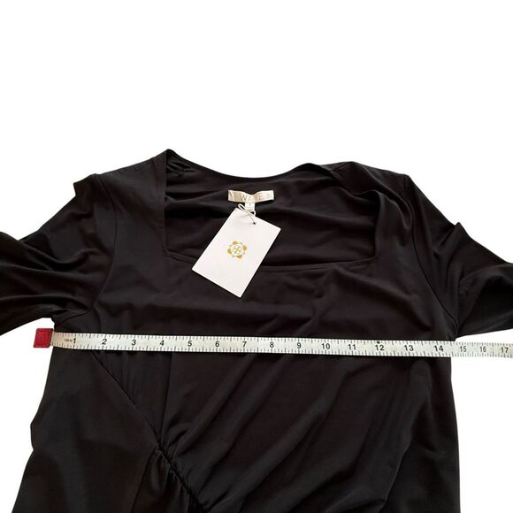 Wayf Black Stretch Satin Ruched Midi Bodycon Dress NWT - Picture 3 of 7